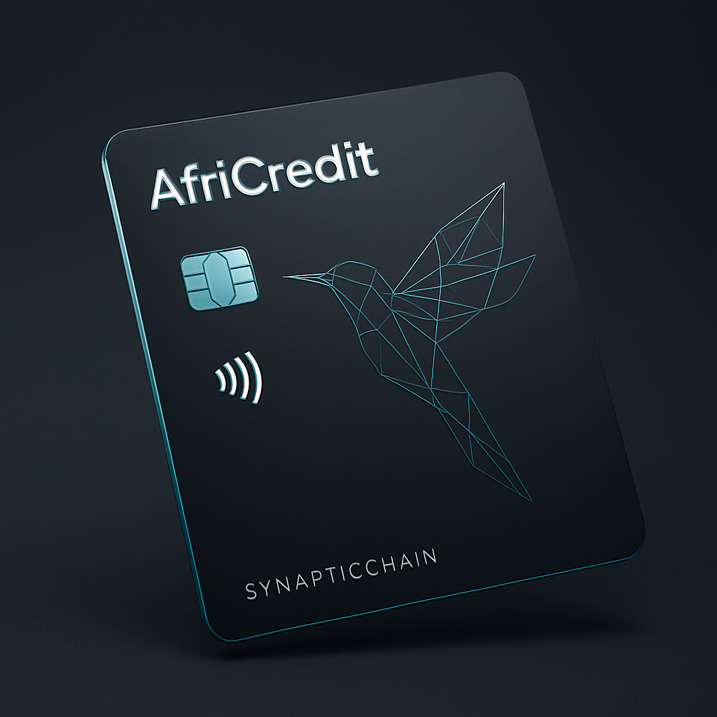 The AfriCredit card by SynapticChain, a matte dark slate card with a teal metallic edge and embossed geometric hummingbird pattern